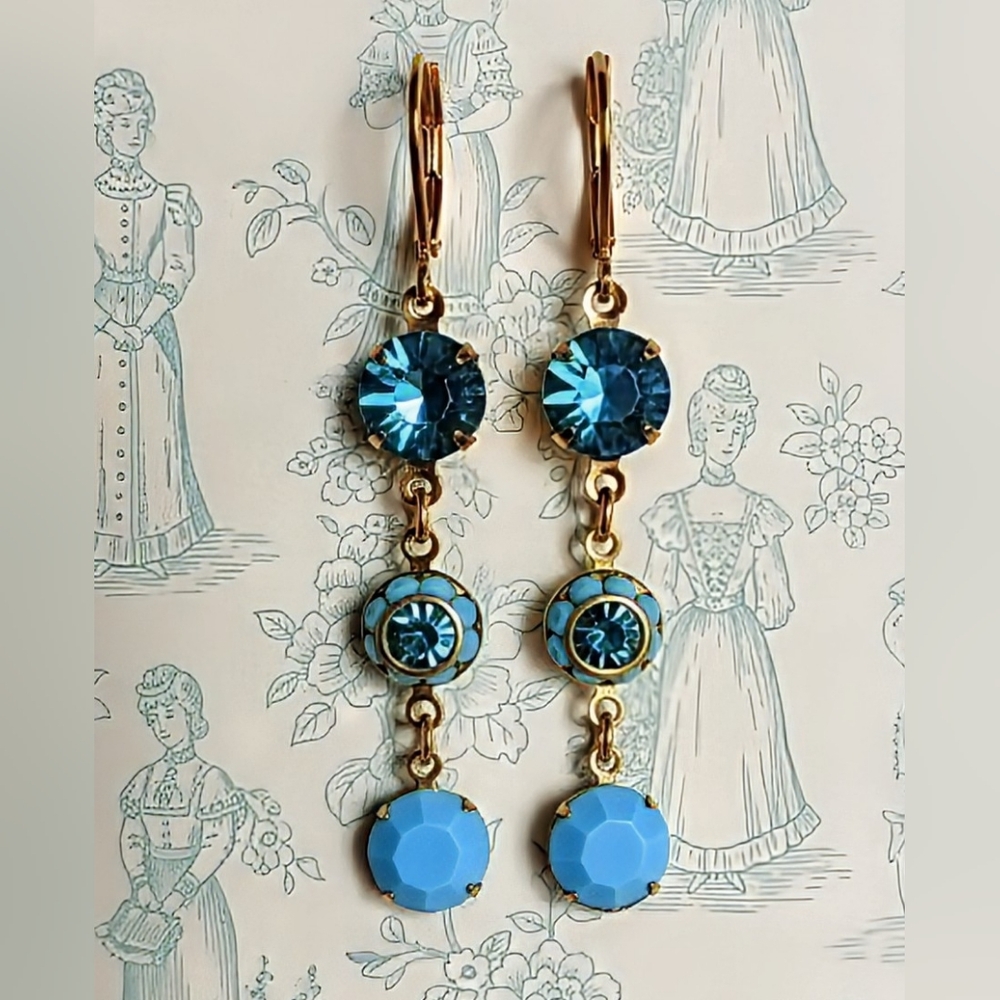 Turquoise Blue And Flower Swarovski Crystal In Drop Down Earrings